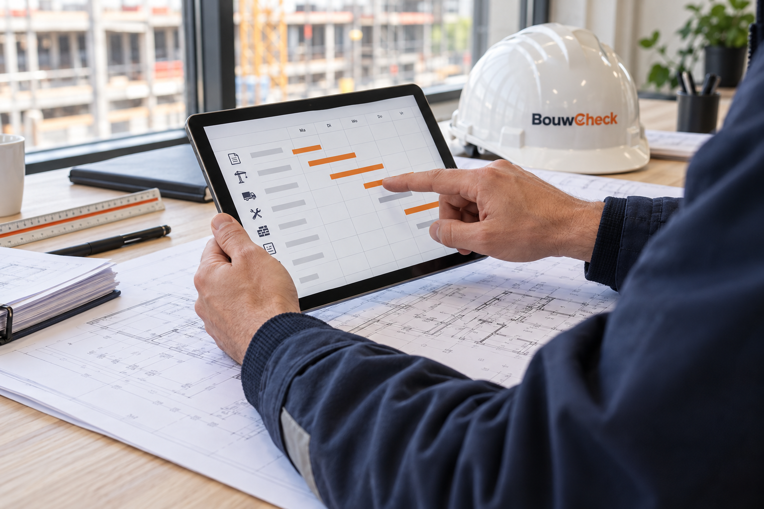 Tablet met BouwCheck planning op een werktafel met tekeningen
