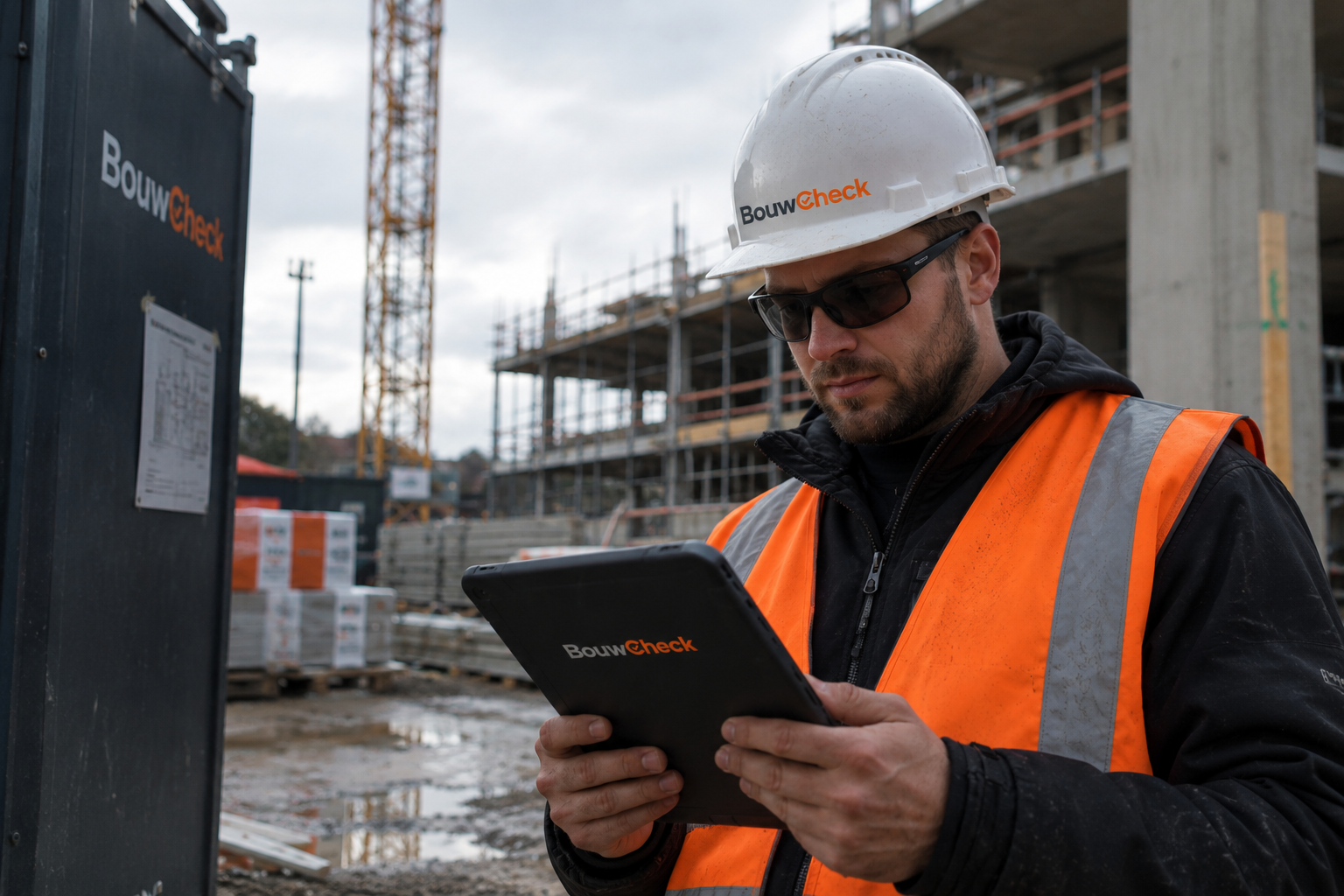 Uitvoerder controleert de werkplek met een tablet in de hand