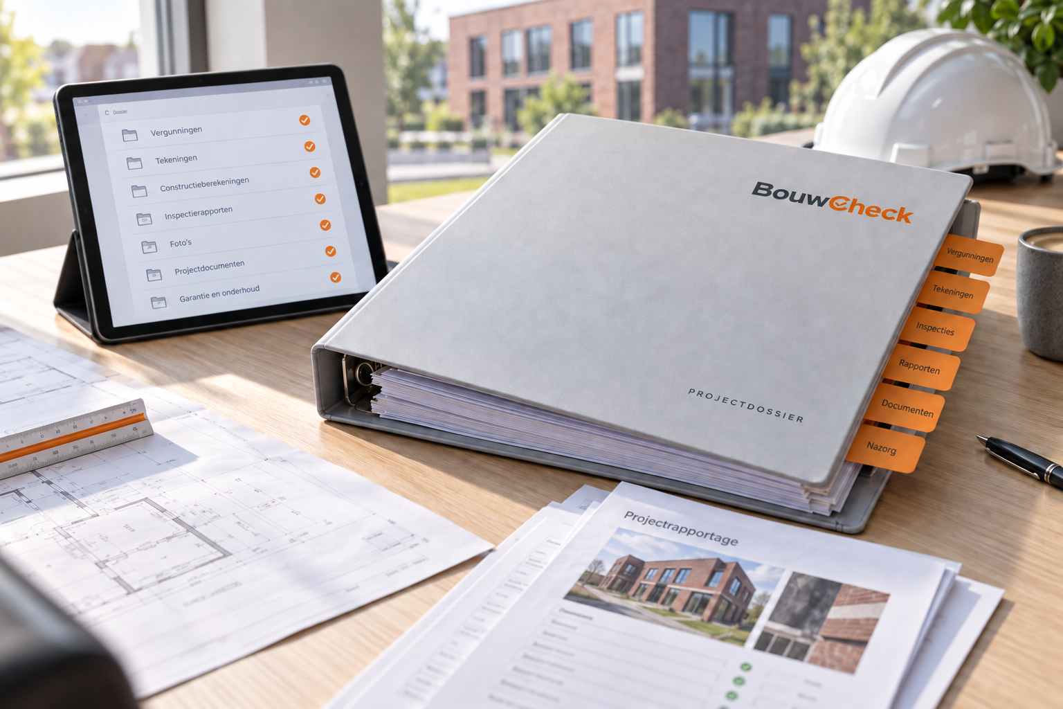 BouwCheck projectdossier met tablet die documentcategorieën toont