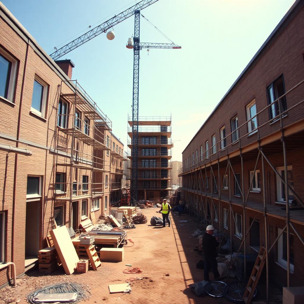 Bouwvakkers starten de werkdag op de bouwplaats